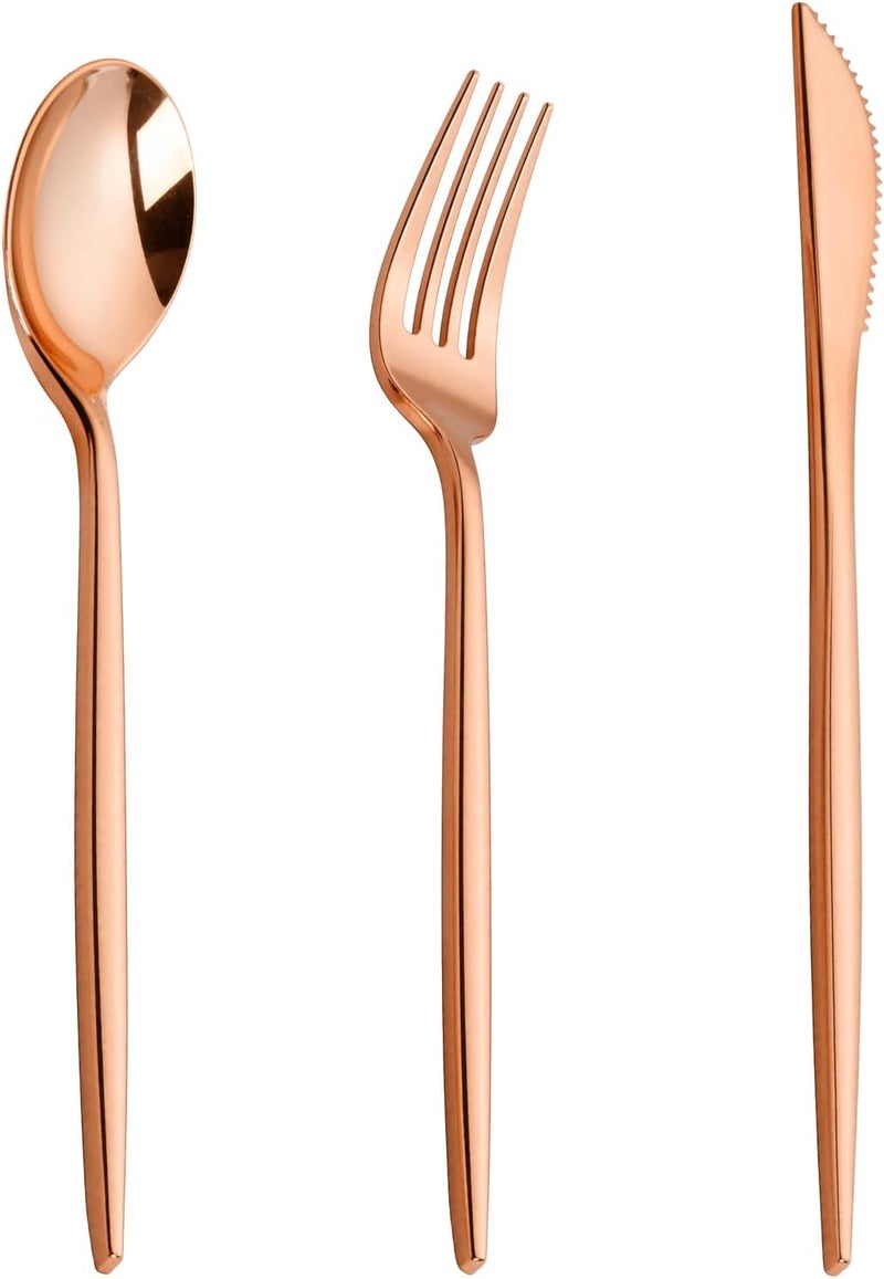 PULOTE 150PCS Rose Gold Plastic Silverware Set - Heavy Duty Rose Gold Utensils - Plastic Cutlery Disposable - Include 50 Forks, 50 Knives, 50 Spoons for Party & Wedding - Image 1